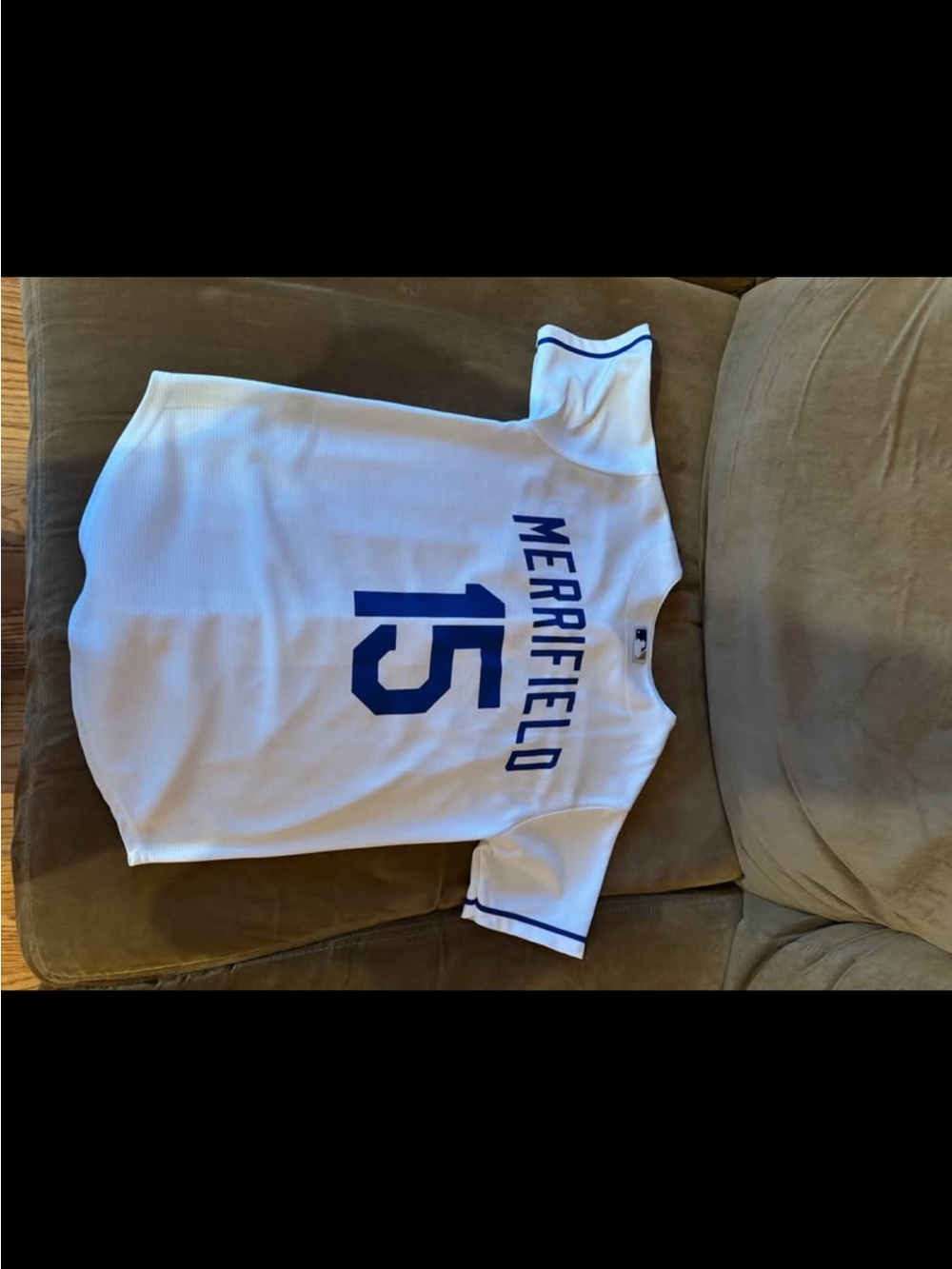 White Baseball Jersey with Blue 'MERRIFIELD' #15